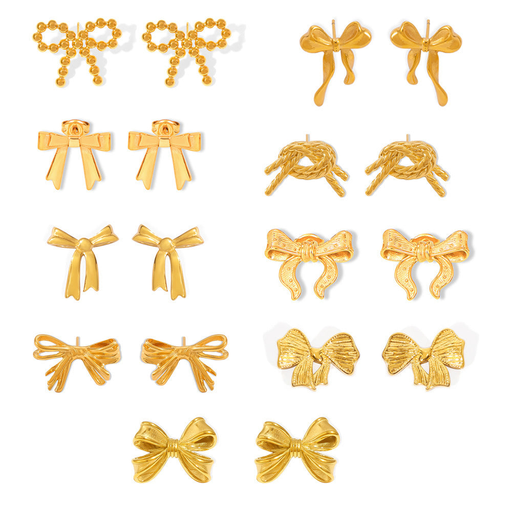 Bow Earrings and Earrings Made of Stainless Steel Plated with Real Gold