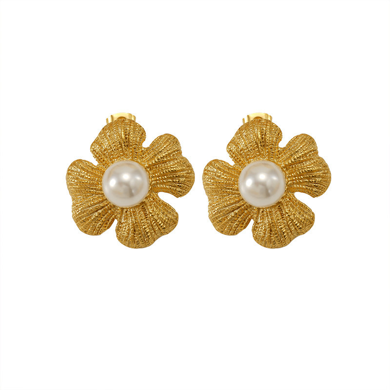 Pendientes de acero de titanio de estilo vintage, pendientes en forma de pétalo con baño de oro de 18 quilates y incrustaciones de perlas para mujer