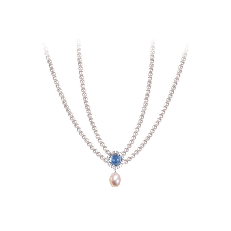 S925 Sterling Silver Natural Aquamarine High-quality Artificial Pearl Double-layer Necklace for Women's Collarbone Chain