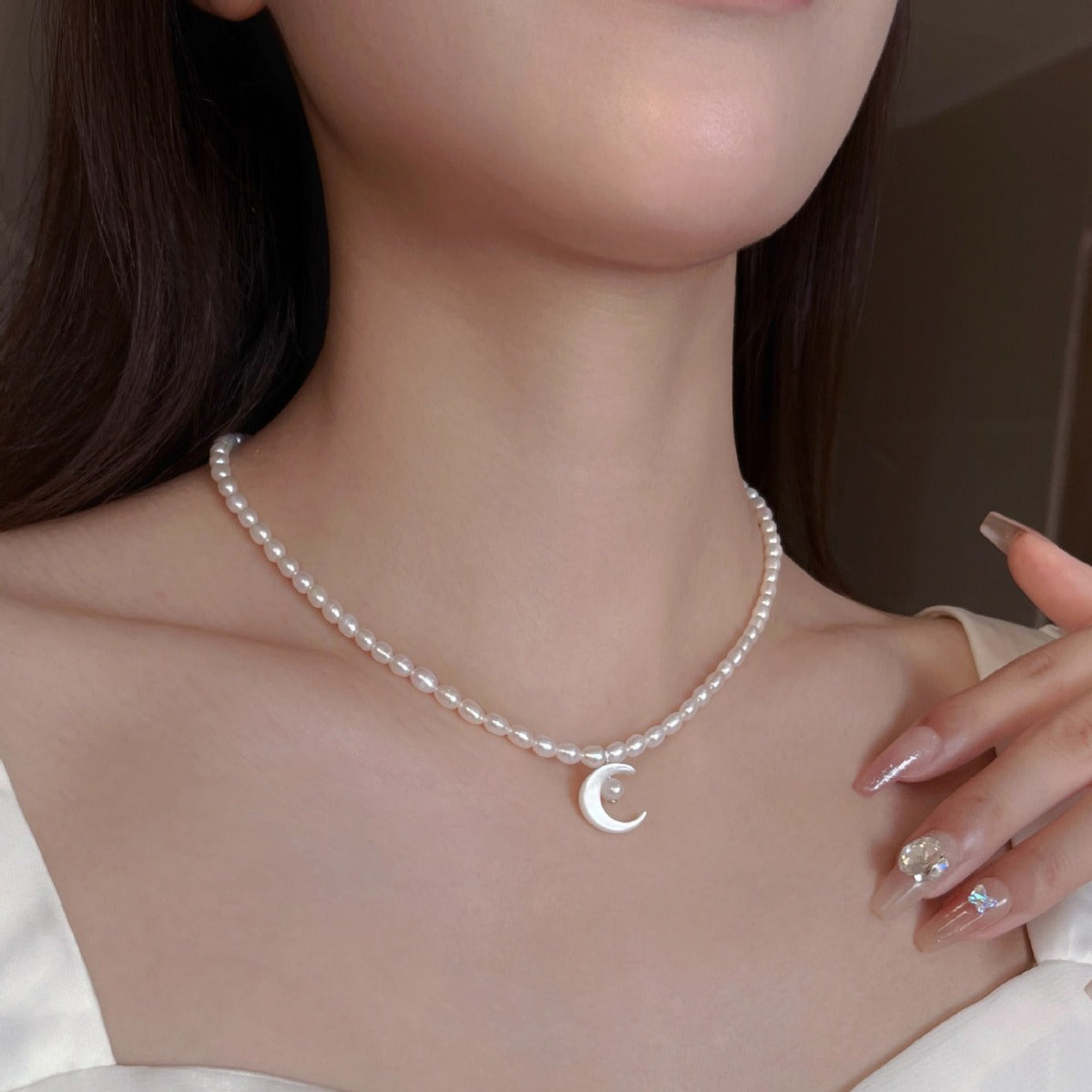 S925 Pure Silver Natural Freshwater Pearl Butterfly Shell Moon Necklace for Women