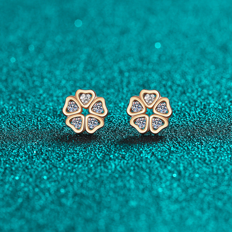 S925 Pure Silver Female Heart Petal Moissanite Champagne Gold Earrings Sweet Style
