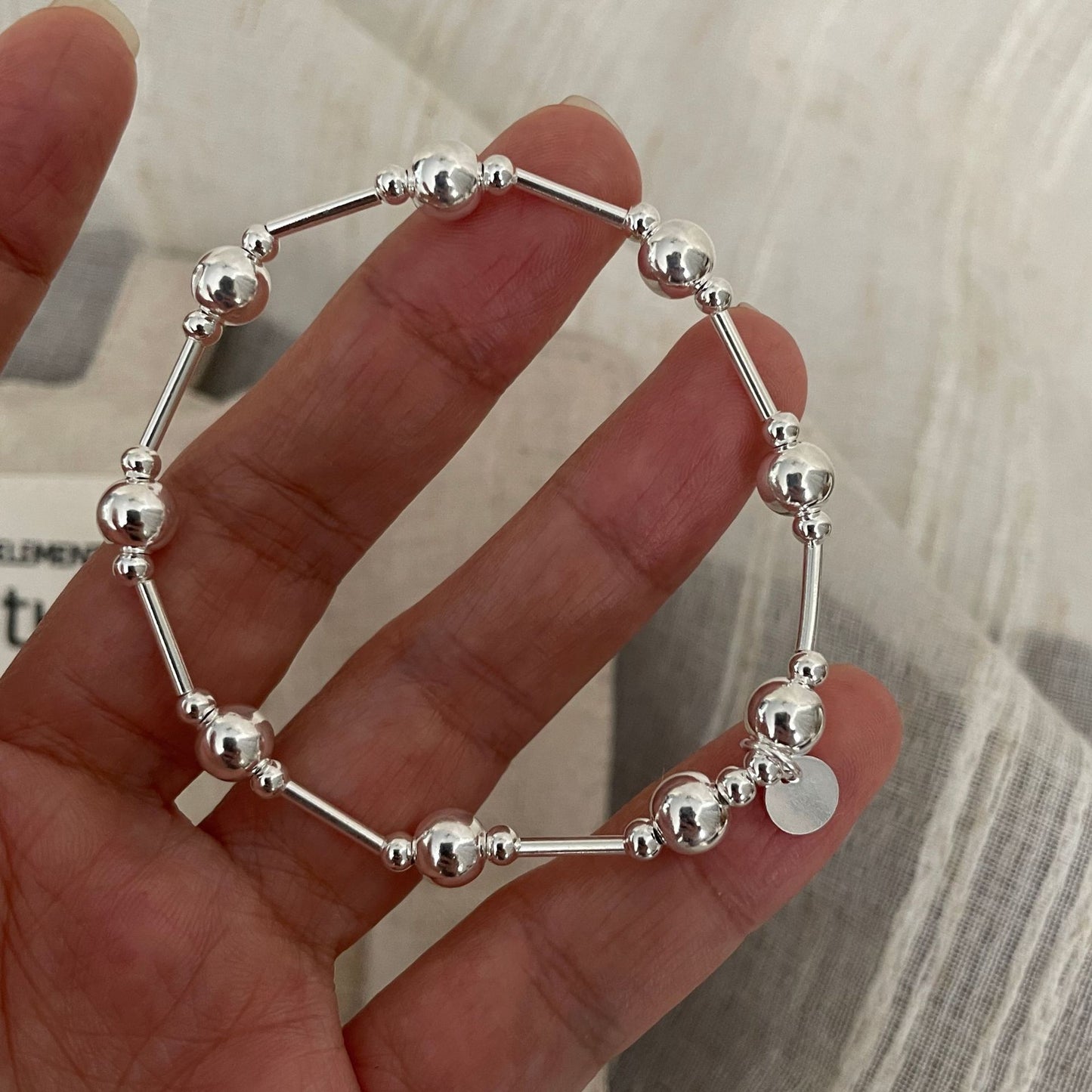 S925 Sterling Silver Round Bead Bracelet with Fine Lines and Elastic Bracelet