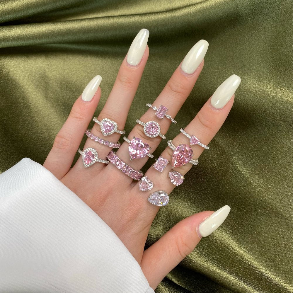 S925 Pure Silver Ring, Women's Water Droplet Fashion Diamond Arrangement, Peach Heart Square Diamond Pink High Carbon Diamond Ring