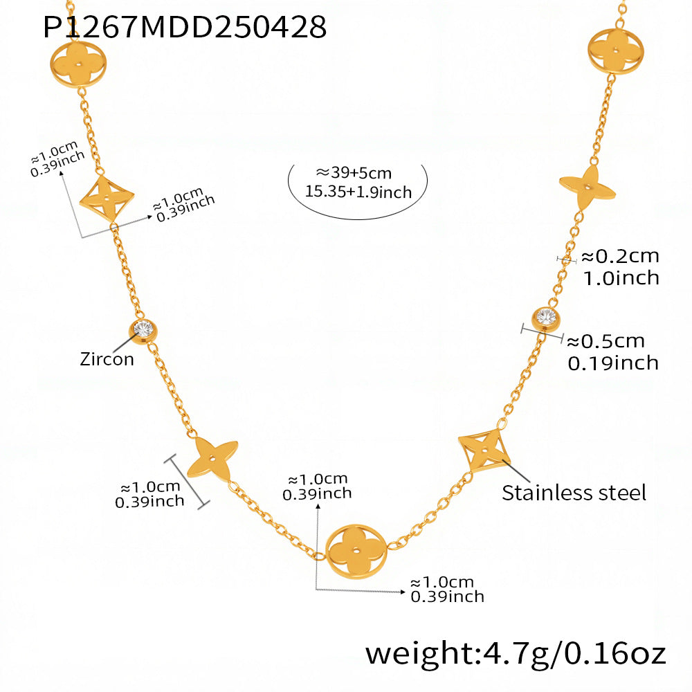 5A Round Bead Zircon Hollowed-out Lucky Four-leaf Flower Layered Necklace with 18K Gold Plated Accessories and Neck Chain