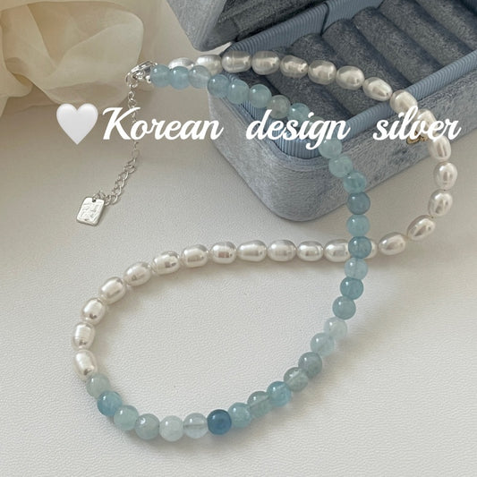 Handmade Minimalist Silver Jewelry S925 Pure Silver Aquamarine Treasure Pearl Splicing Necklace
