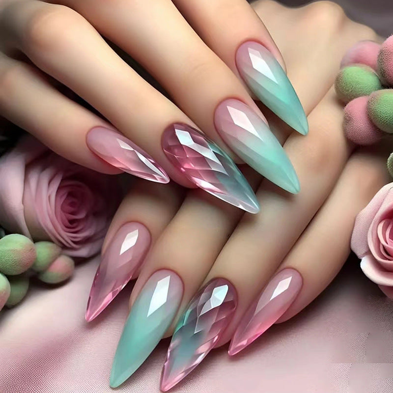 24 piezas de uñas postizas extraíbles para usar, uñas de estilo ojo de gato con degradado de longitud media