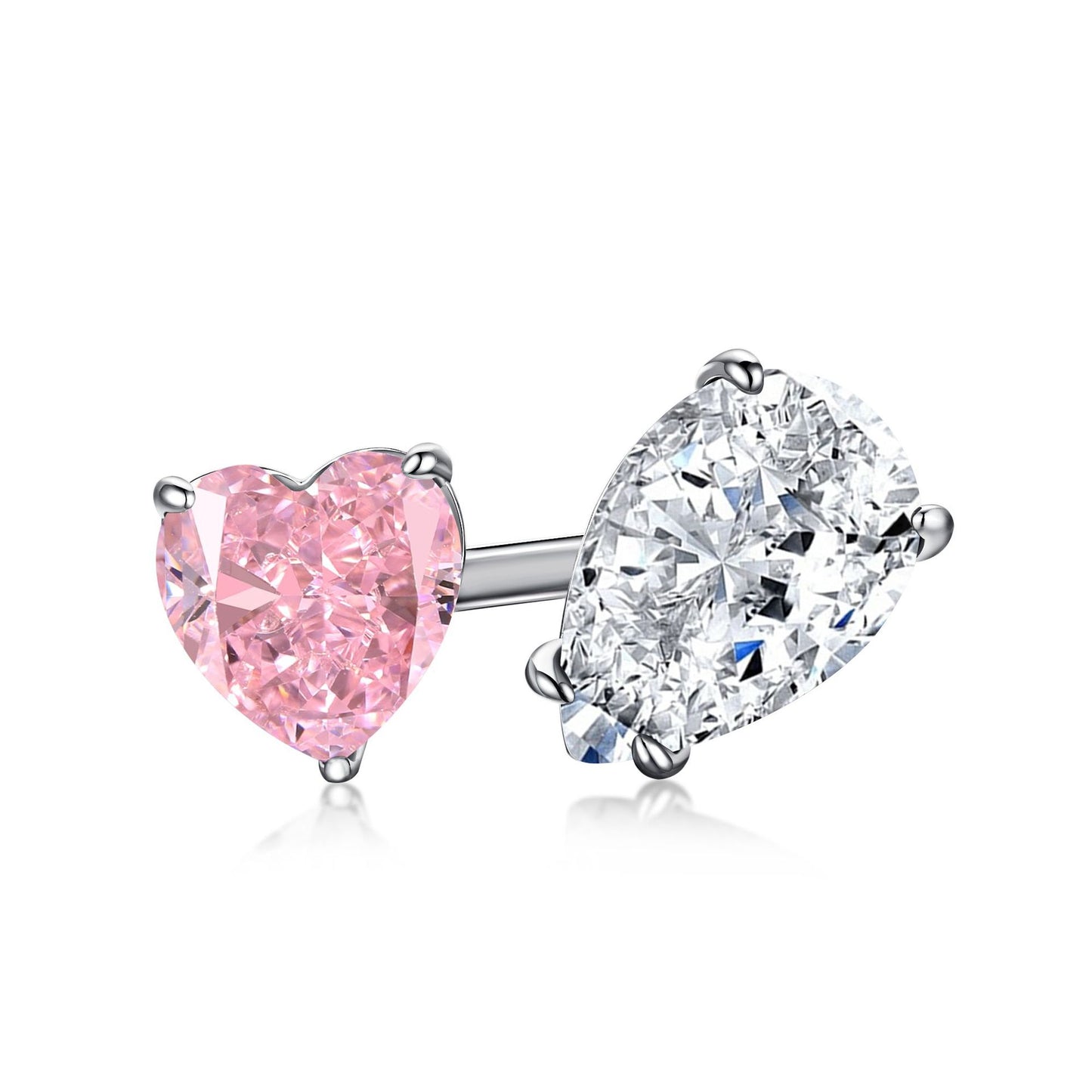 S925 Pure Silver Ring, Women's Water Droplet Fashion Diamond Arrangement, Peach Heart Square Diamond Pink High Carbon Diamond Ring