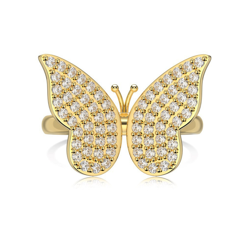 S925 Sterling Silver Ring, Women's Gold Butterfly Zircon Light Luxury High-end Ring