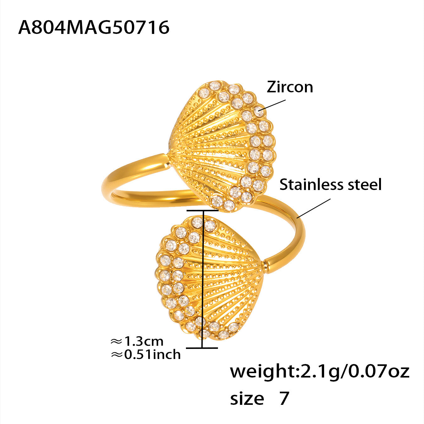 18K Gold Starfish Shell Zircon Open Index Finger Ring Summer Ocean Wind Stainless Steel