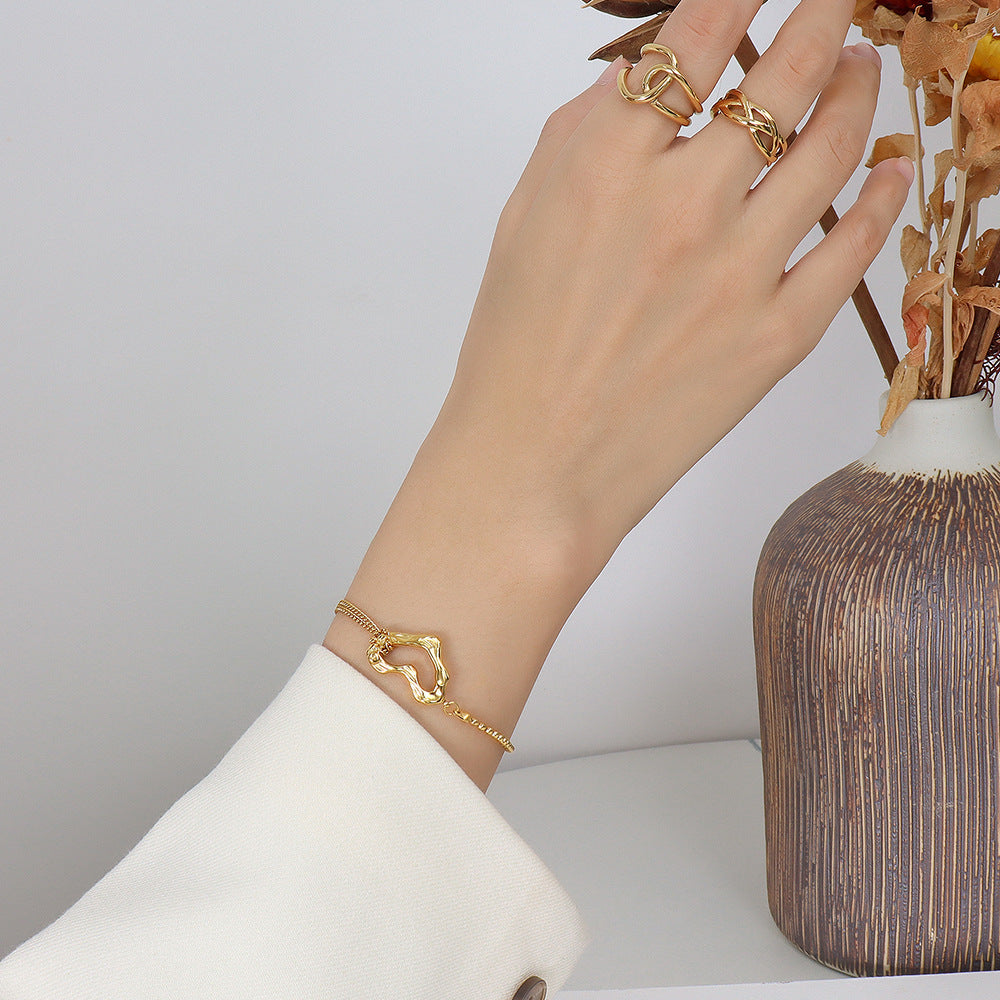 Fashionable and Minimalist Titanium Steel Plated 18k Gold Peach Heart Double-layer Steel Ball Bracelet