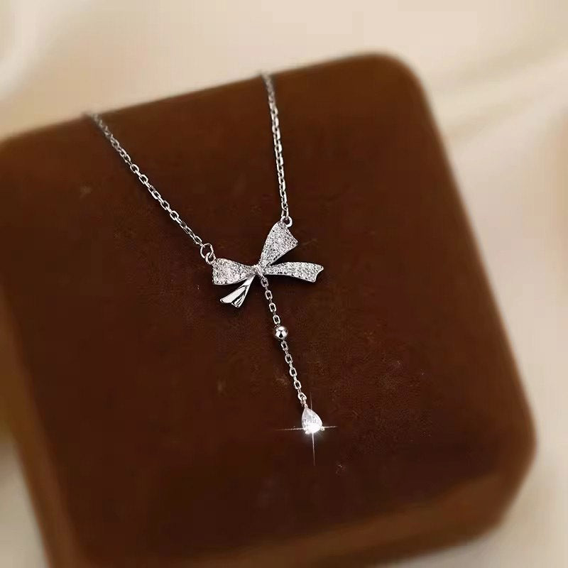 Bow Tassel S925 Sterling Silver Necklace for Girls, Micro Inlaid with Diamonds Pendant, Collarbone Chain