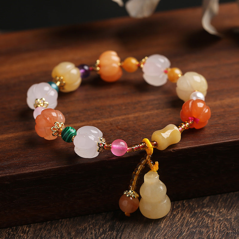 Pulsera de jade de seda dorada natural de Xinjiang, estilo étnico, con nudo de bambú y cuentas de calabaza, pulsera de jade amarillo colgante