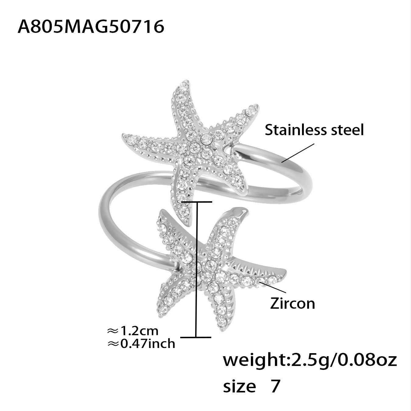 18K Gold Starfish Shell Zircon Open Index Finger Ring Summer Ocean Wind Stainless Steel