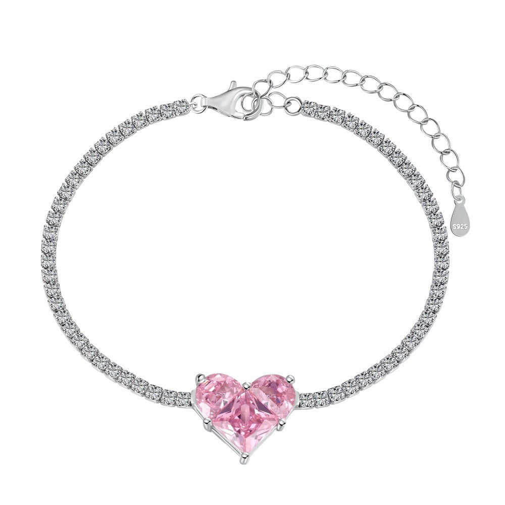 S925 Sterling Silver Bracelet for Women, Pink Heart-shaped Zircon Row Diamond
