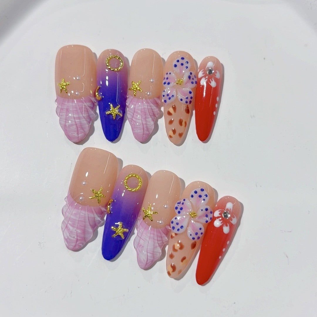 100% Handmade Press On Nails Medium To Long Almond Shaped Armor with Multi Colored Three-dimensional Carved Shells and Starfish