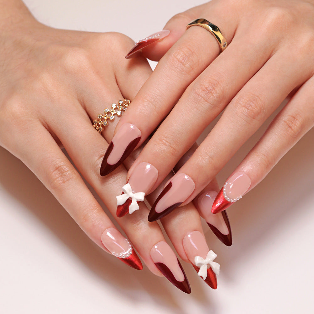 French Red High-end Nail Art, Wearable Nail Plate, Three-dimensional Bow, Wearable Nail, Fake Nail