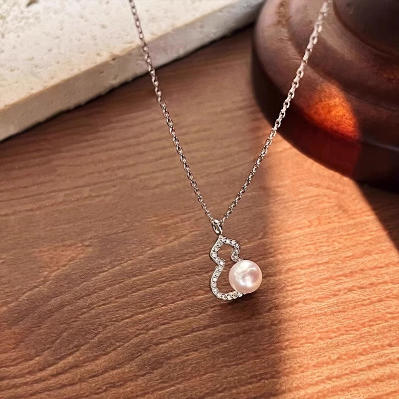Good Fortune Little Gourd Faux Pearl Necklace S925 Pure Silver Girl Autumn and Winter Full Diamond Sweater Chain Lock Bone Chain