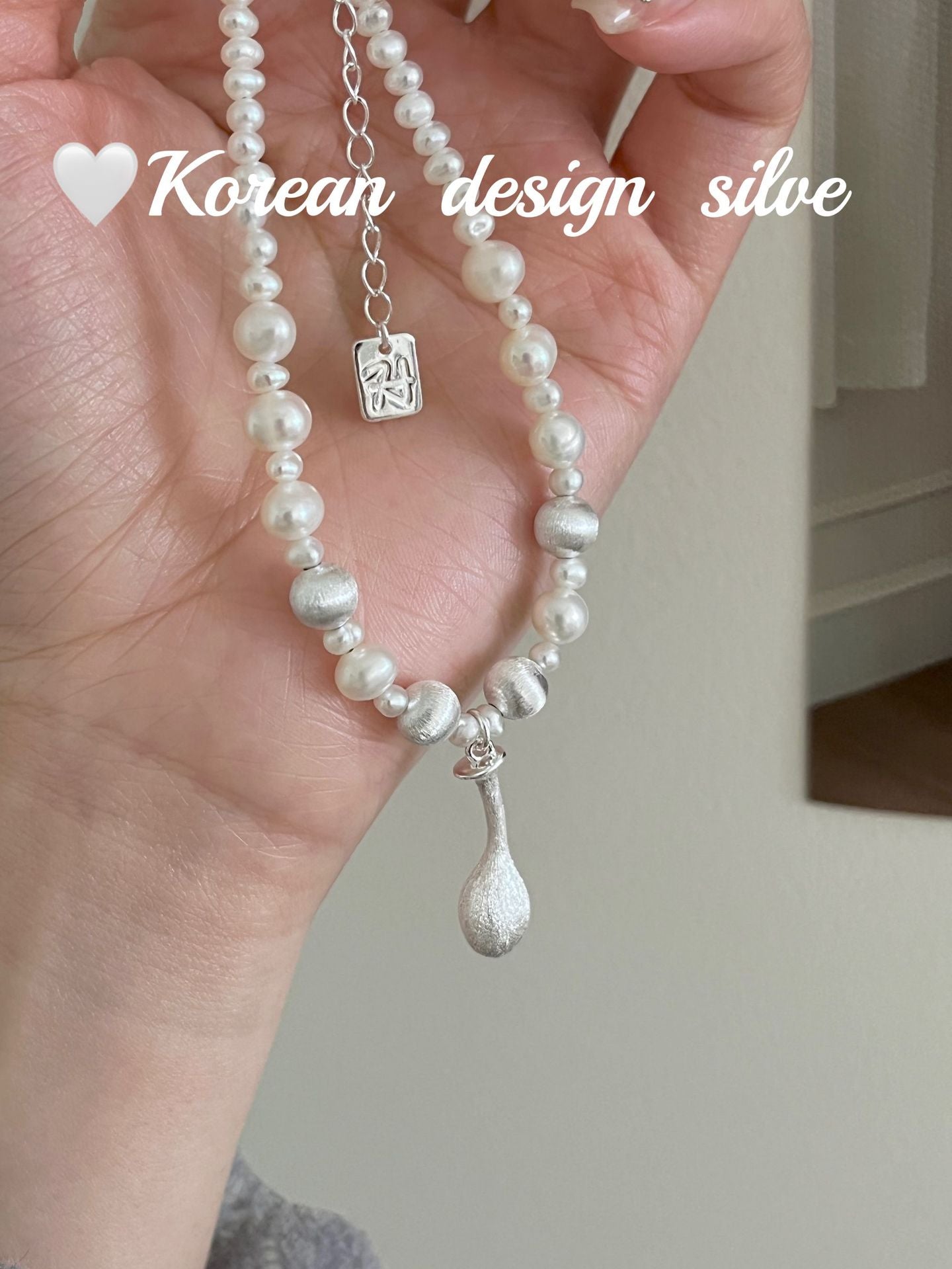 S925 Sterling Silver Brushed Water Droplet Pearl Necklace, Layered and High-end for Women
