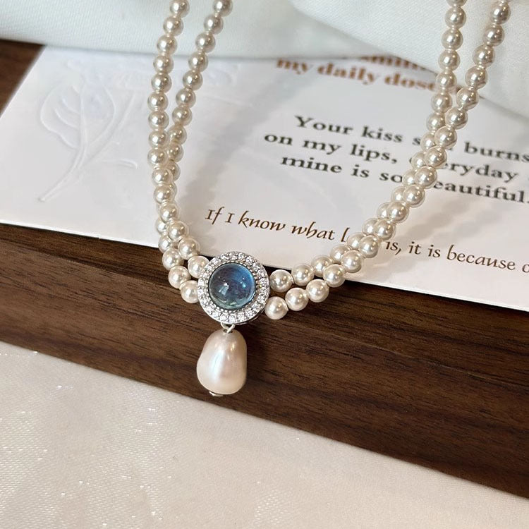 S925 Sterling Silver Natural Aquamarine High-quality Artificial Pearl Double-layer Necklace for Women's Collarbone Chain
