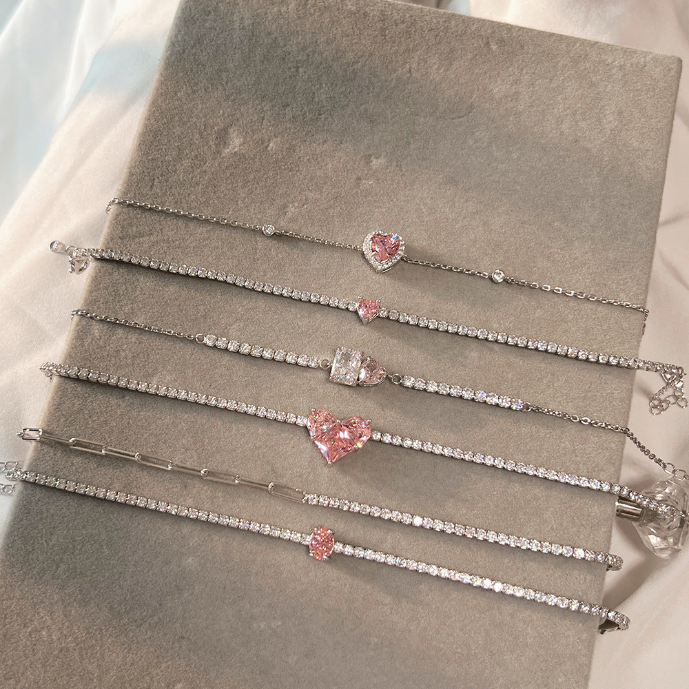 S925 Sterling Silver Bracelet for Women, Pink Heart-shaped Zircon Row Diamond