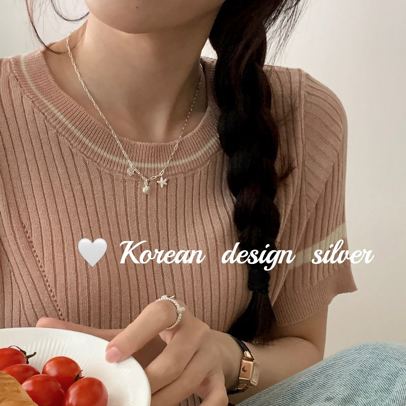 S925 Pure Silver Starfish Shell Inlaid Diamond Necklace for Women, Layered Collarbone Chain