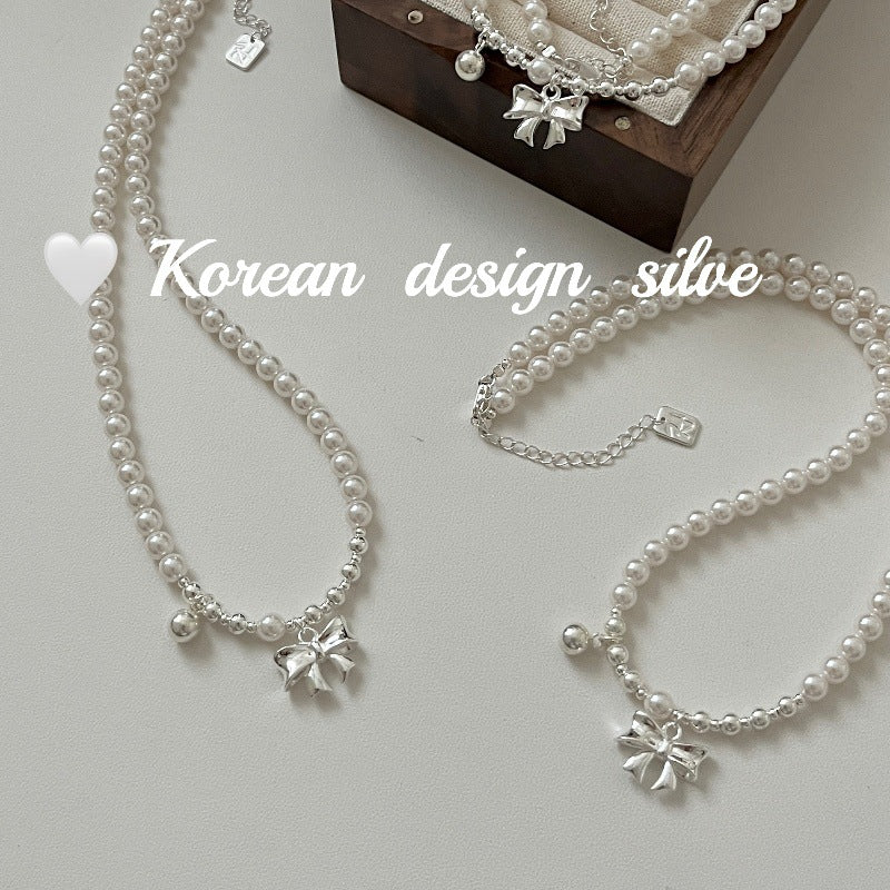 S925 Sterling Silver High-quality Crystal Pearl Bow Bead Necklace