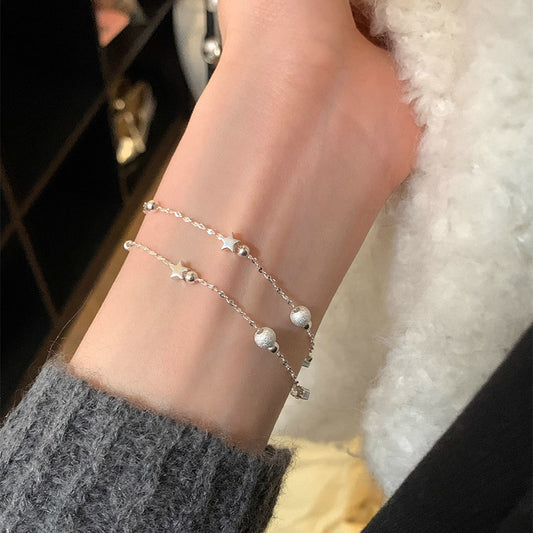 S925 Sterling Silver Double-layer Star Bracelet with Frosted Round Beads
