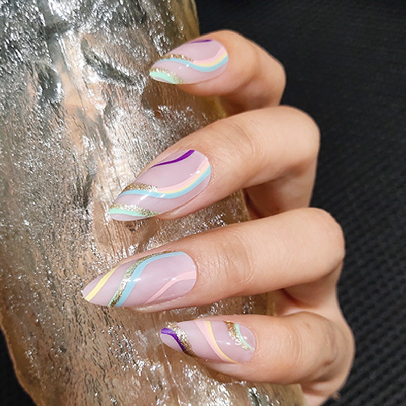 24 piezas de uñas postizas de polvo dorado brillante y ondulado multicolor