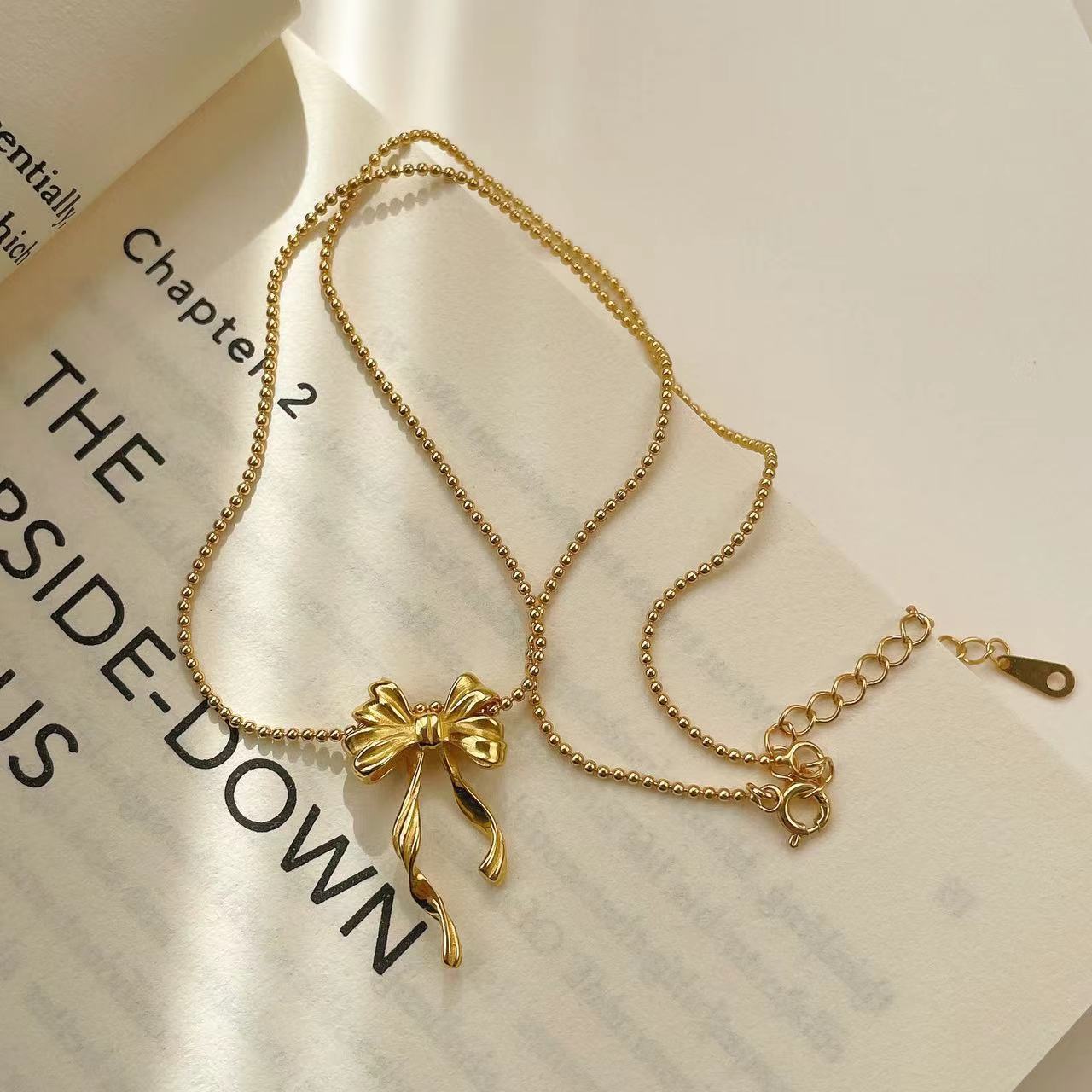 S925 Silver Geometric Ribbon Double Layered Bow Necklace Minimalist Round Bead Collarbone Chain