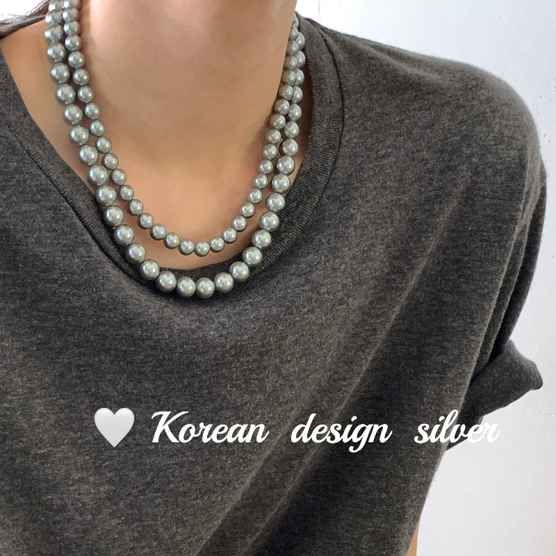 S925 Sterling Silver Necklace, High-quality Crystal Pearl Gray Round, Personalized Collarbone Chain for Women