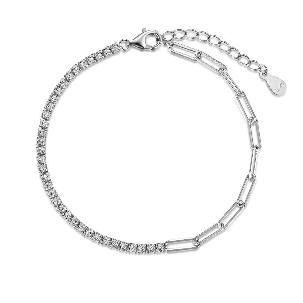S925 Sterling Silver Bracelet for Women, Pink Heart-shaped Zircon Row Diamond
