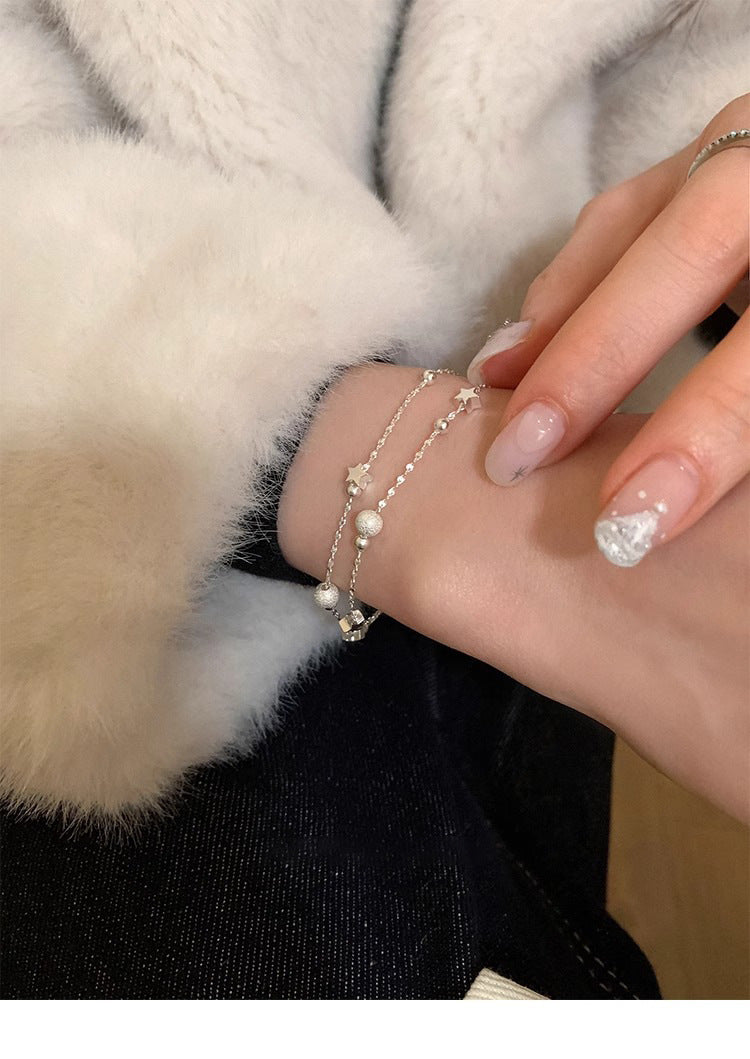 S925 Sterling Silver Double-layer Star Bracelet with Frosted Round Beads