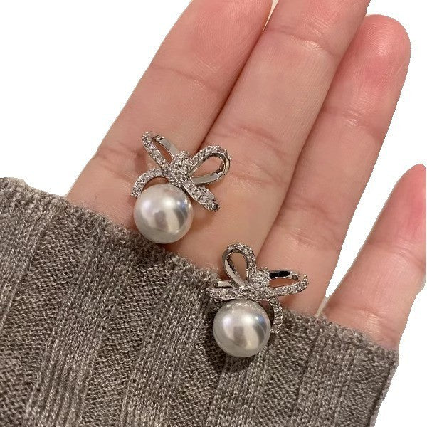 S999 Silver Needle Earnail Full Diamond Bow Artificial Pearl Earnail Female