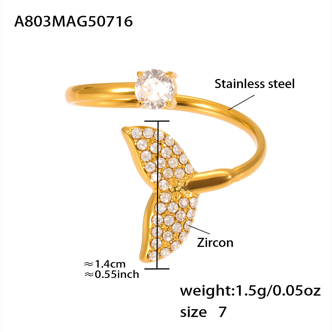 18K Gold Starfish Shell Zircon Open Index Finger Ring Summer Ocean Wind Stainless Steel