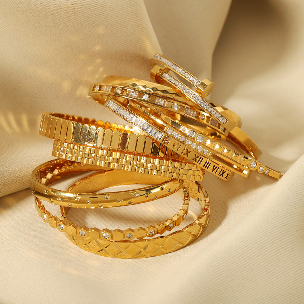 Zircon Bracelet with Roman Numerals, Diamond Pattern, Five-pointed Star, Stainless Steel Plated with Real Gold Jewelry