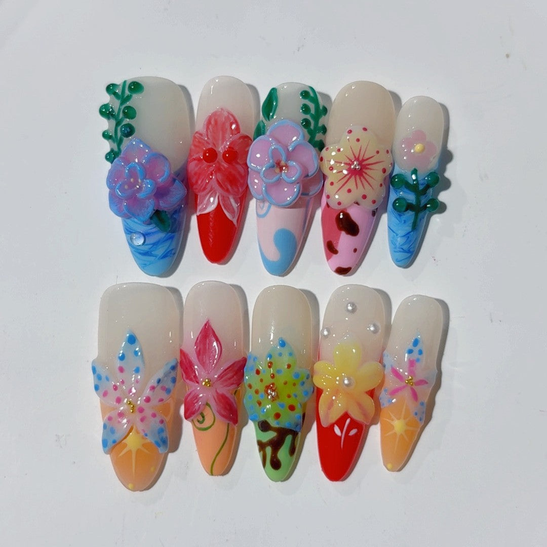 100% Handmade Press On Nail Art Clear Flower Carving Gradient French Ice Transparent High-end