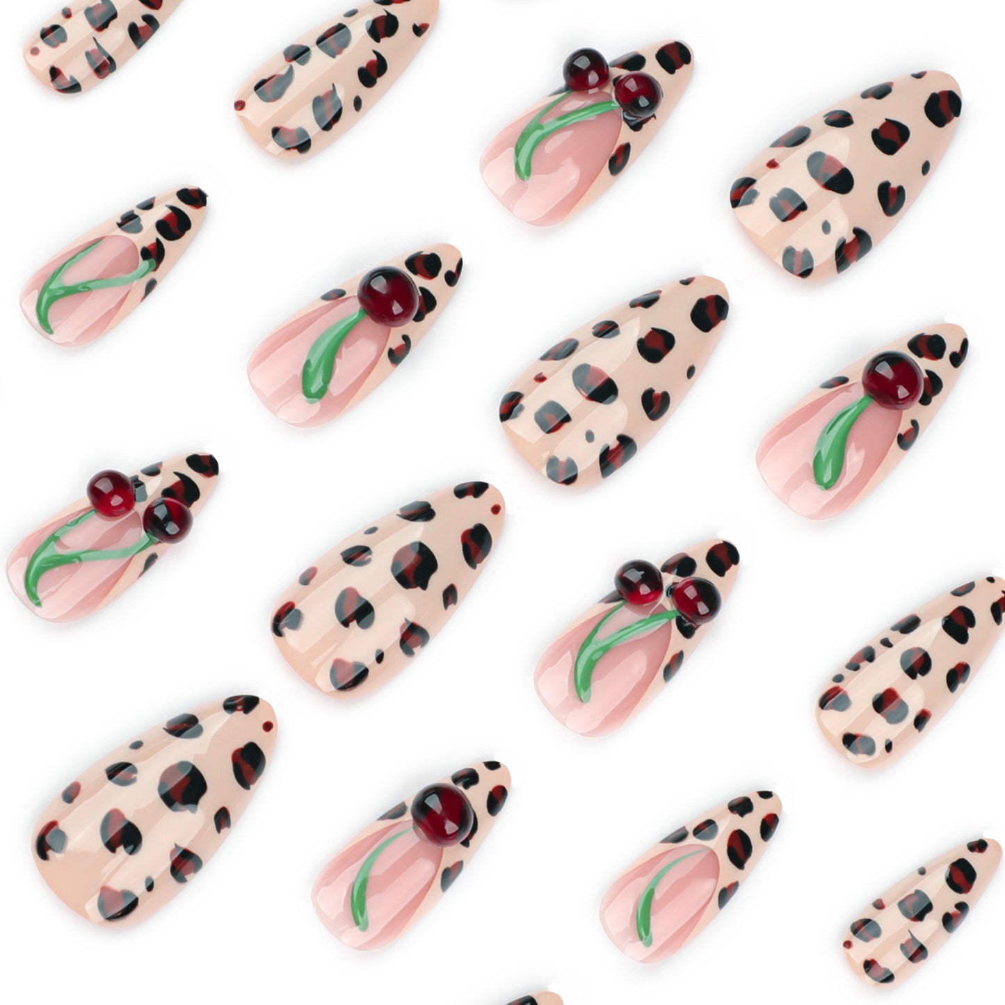 Winter Leopard Print Wearable Nail, Three-dimensional Cherry Nail Art, French Wearable Nail Piece