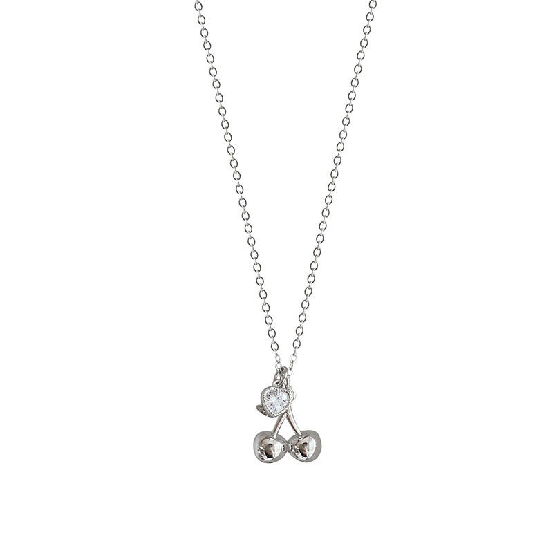 S925 Pure Silver Cherry Heart Necklace with Heart-shaped Sparkling Diamond Collarbone Chain