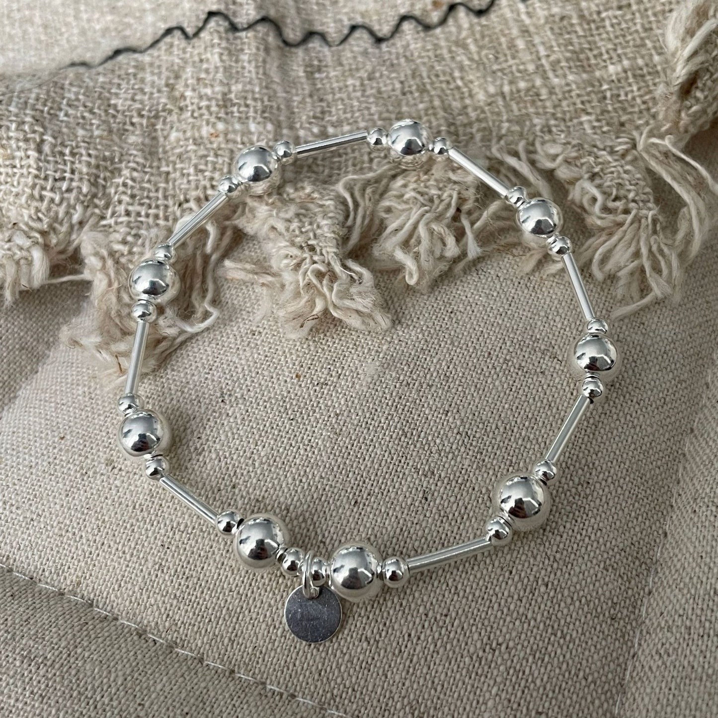 S925 Sterling Silver Round Bead Bracelet with Fine Lines and Elastic Bracelet