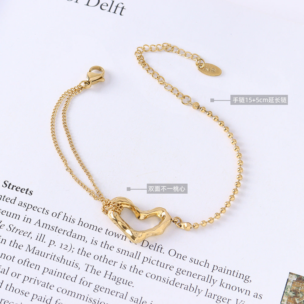 Fashionable and Minimalist Titanium Steel Plated 18k Gold Peach Heart Double-layer Steel Ball Bracelet