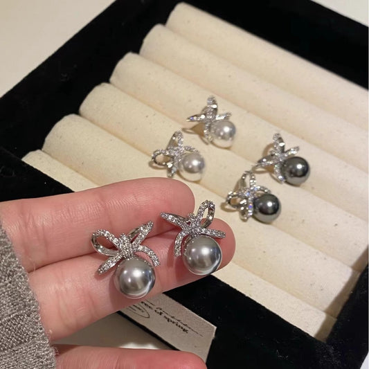 S999 Silver Needle Earnail Full Diamond Bow Artificial Pearl Earnail Female