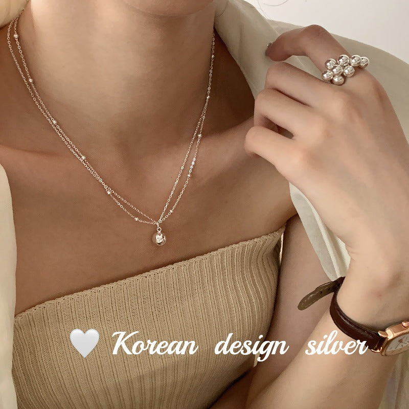 S925 Sterling Silver Double-layer Irregular Round Bead Necklace, Layered Collarbone Chain for Women