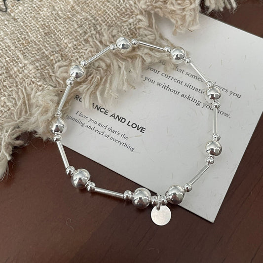 S925 Sterling Silver Round Bead Bracelet with Fine Lines and Elastic Bracelet