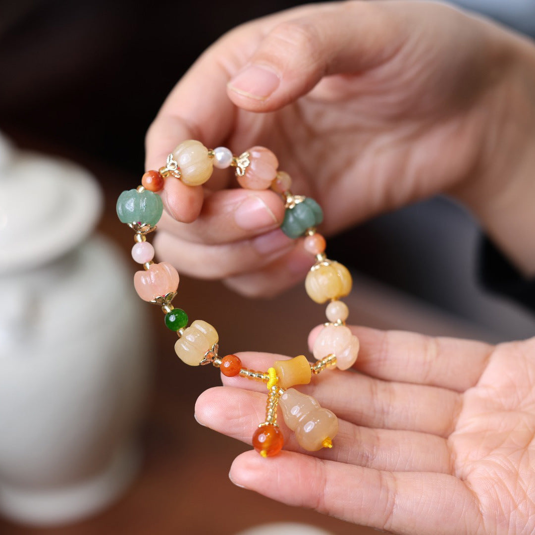 Pulsera de jade de seda dorada natural de Xinjiang, estilo étnico, con nudo de bambú y cuentas de calabaza, pulsera de jade amarillo colgante