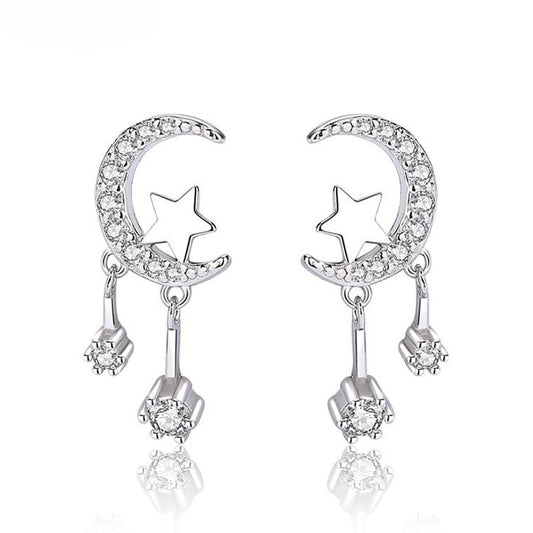 S999 Sterling Silver Star Moon Earrings, Moon Star Zircon Earrings Tassels