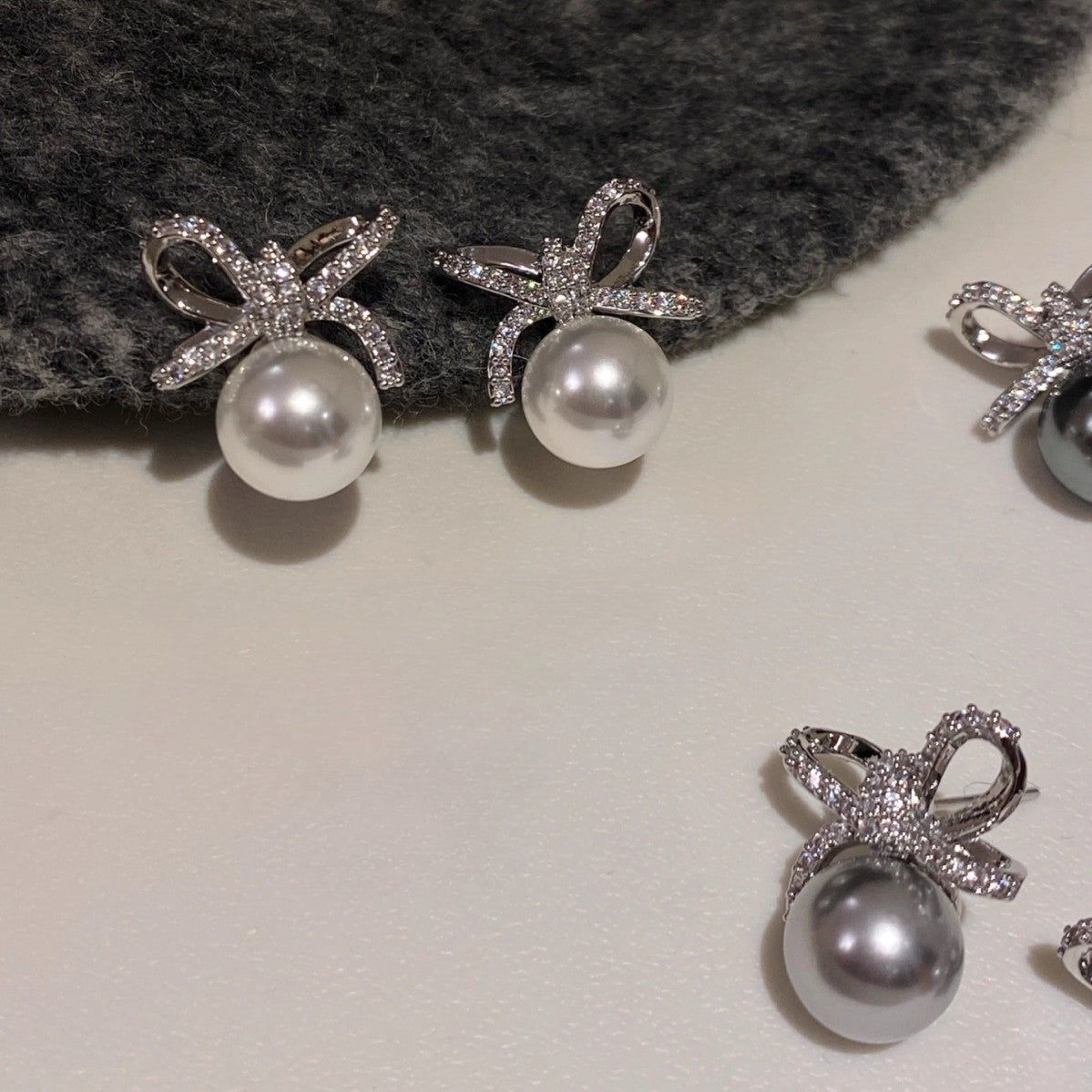 S999 Silver Needle Earnail Full Diamond Bow Artificial Pearl Earnail Female