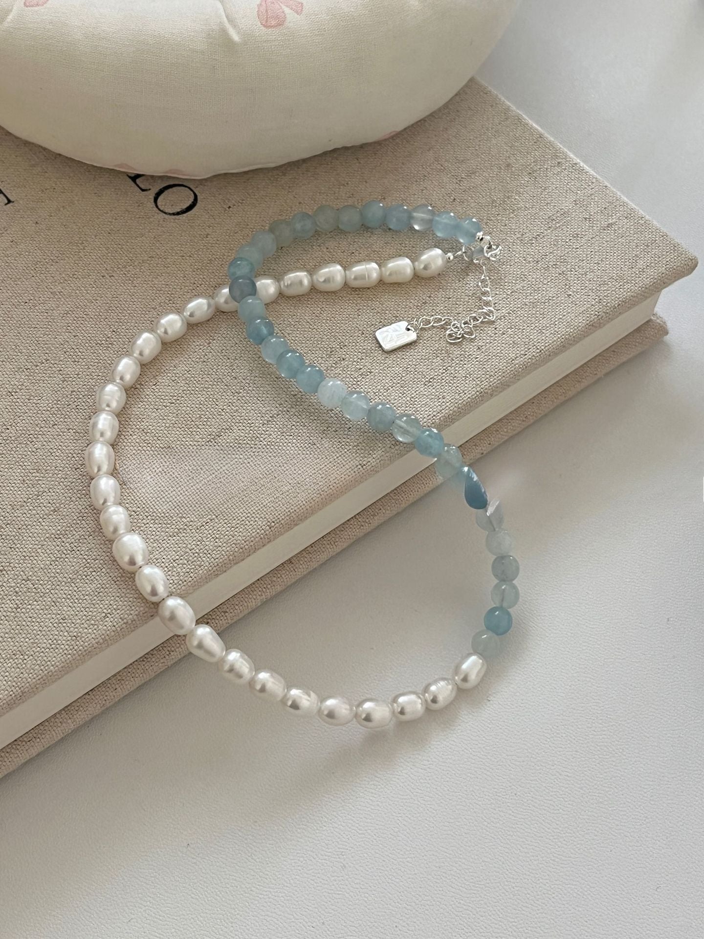 Handmade Minimalist Silver Jewelry S925 Pure Silver Aquamarine Treasure Pearl Splicing Necklace