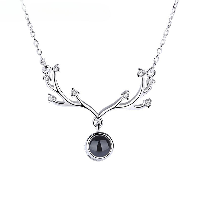 Collar de proyección en 100 idiomas con cuernos de ciervo y dije “Te amo”, cadena para clavícula, joyería de plata
