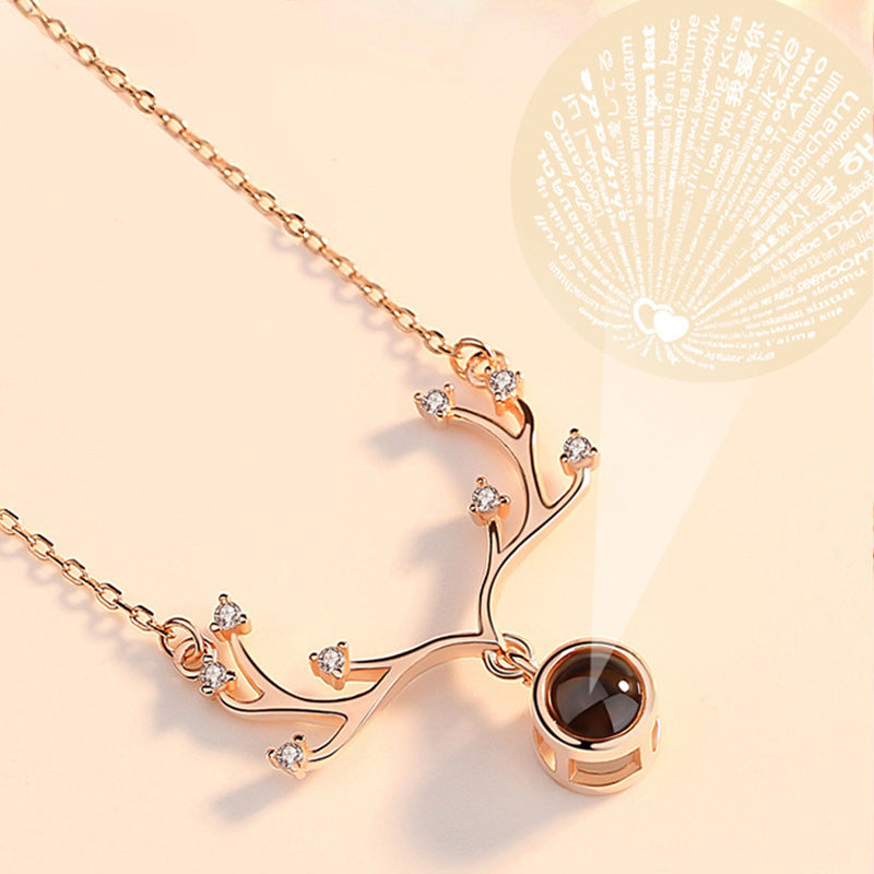 Collar de proyección en 100 idiomas con cuernos de ciervo y dije “Te amo”, cadena para clavícula, joyería de plata