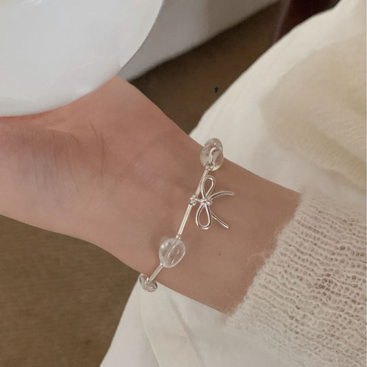 S925 Sterling Silver Bow, White Crystal Straight Tube Bracelet, Women's Layered Wear